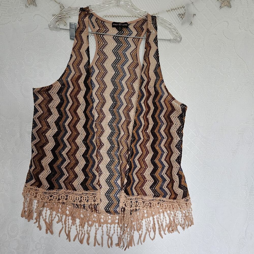 Almost Famous Large Crochet Open Front Cheveron Duster Cardigan Fringe Retro 70s